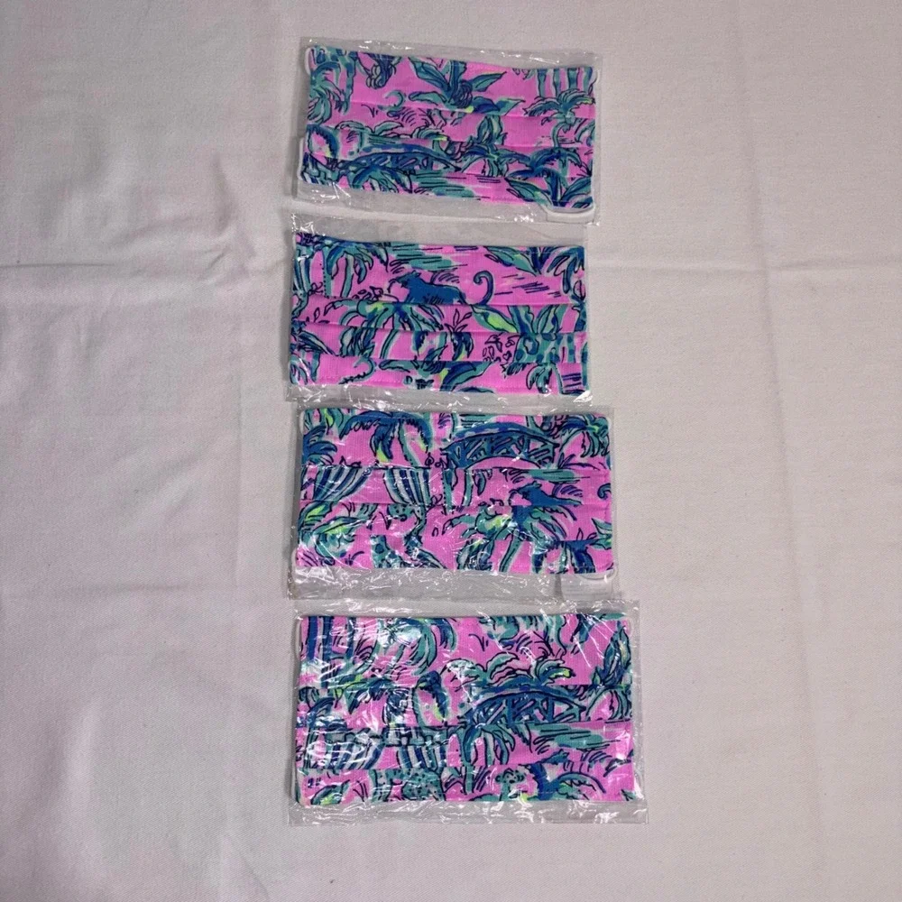 Lilly Pulitzer Face Mask Multi NEW 4 Pack Jungle Palm Print Pleated Cotton